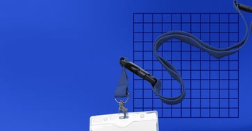 Blue background with a grid and a white name tag.