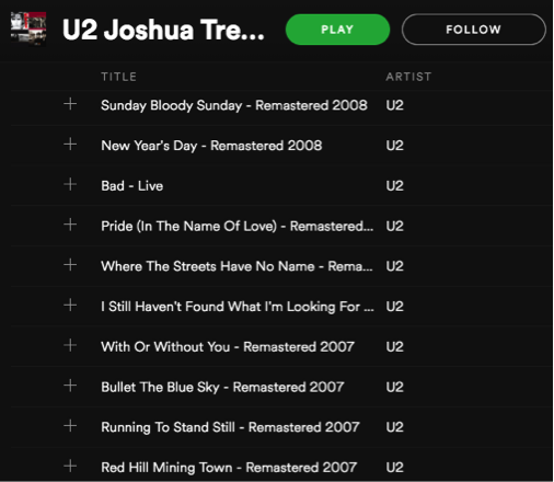 U2 The Joshua Tree Spotify Playlist